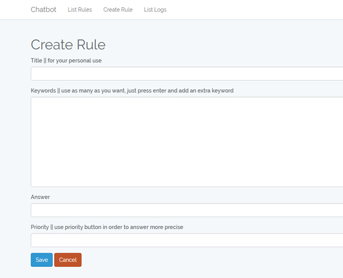 Create your Rules sets of keyword question phrases and answers