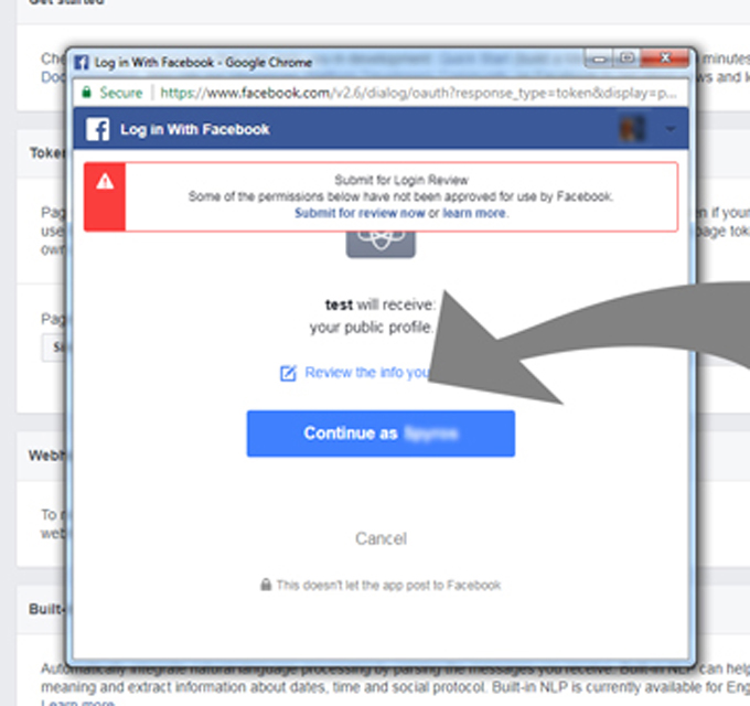 8. After your selection, Facebook will ask to give your permissions to the application you have created