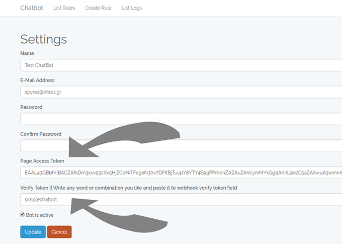 10. Now, paste it on the Settings page of the Simple Chatbot in the relevant Page Access Token field.