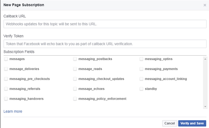 12. On this screen you have to insert your CallBack URL, Verification Token and to check some checkboxes in order to pass verification process and make the connection with your Fan Page Messenger!